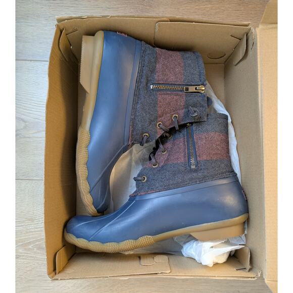 Sperry Topsider Saltwater Varsity Duck Boot 8.5 Navy Wine Stripe Wool Rubber - Picture 3 of 12